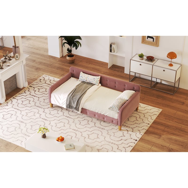 Twin Size Velvet Upholstered Daybed with Slatted and 4 Wooden Support Legs, Button Backrest Platform Bed Frame