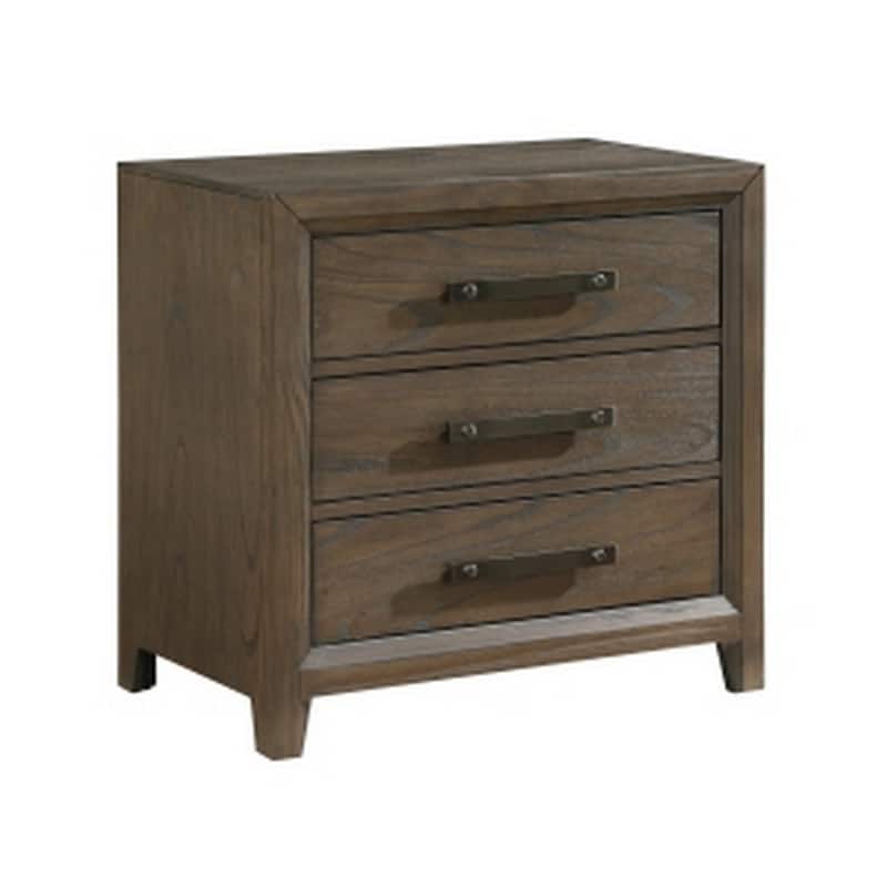 Wyn 27 Inch Nightstand, 3 Drawers, Nickel Handles, Brushed Walnut Brown
