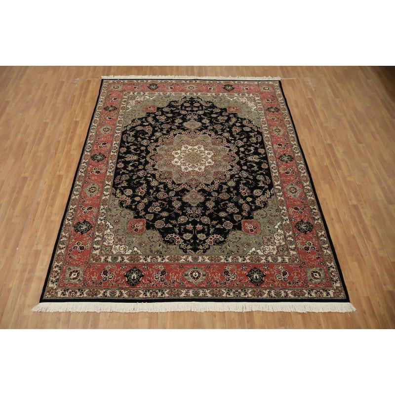 Hand Knotted Oriental Wool & Silk Carpet Traditional Floral Black Tabriz Area Rug - 11' 9'' X 9' 1''