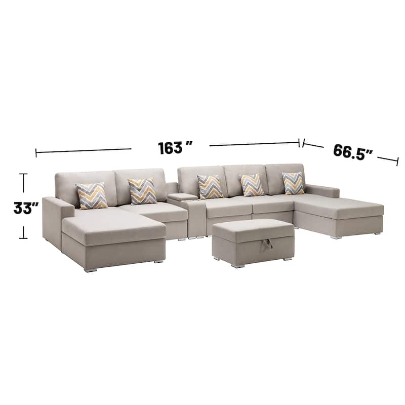 Linen Fabric 7 Piece U-Shaped Double Chaise Sectional Sofa with Interchangeable Legs and Storage Console Table