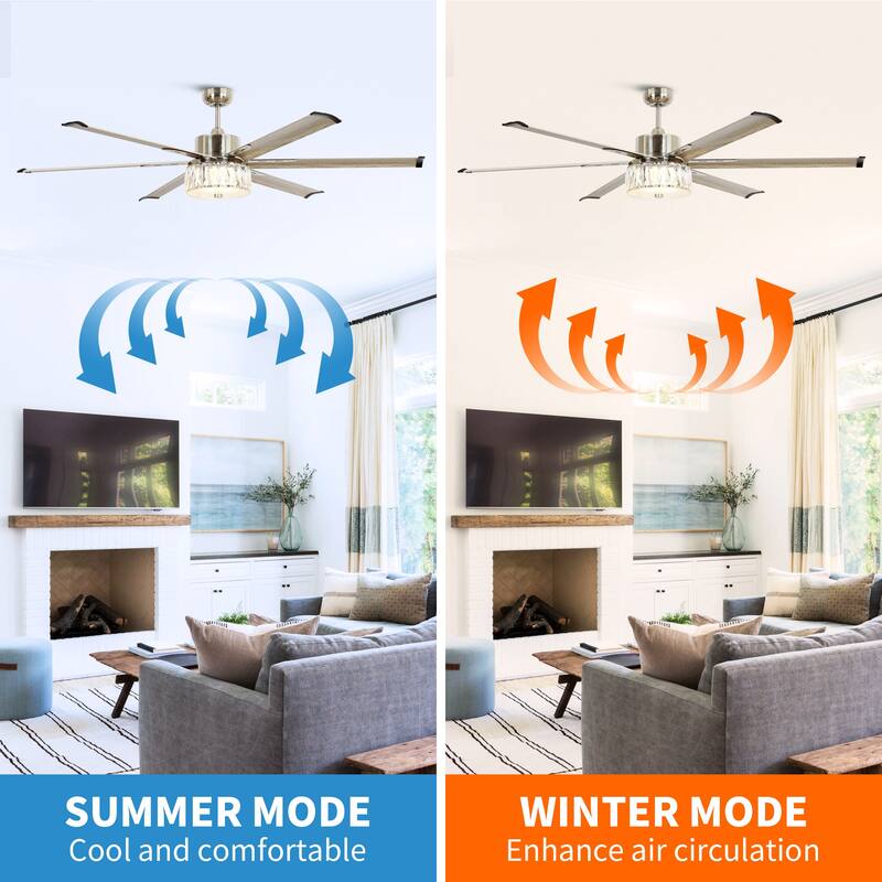 Brushed Nickel Metal 65" Crystal Ceiling Fan with Light and Remote