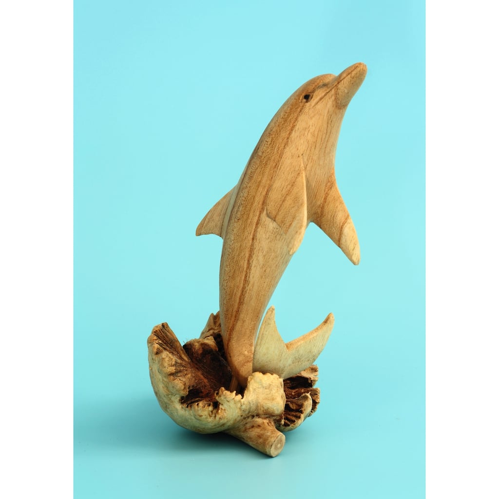 Wooden Hand Carved Single Dolphin Statue Sculpture Wood Home Decor Figurine Handcrafted Handmade Seaside Tropical