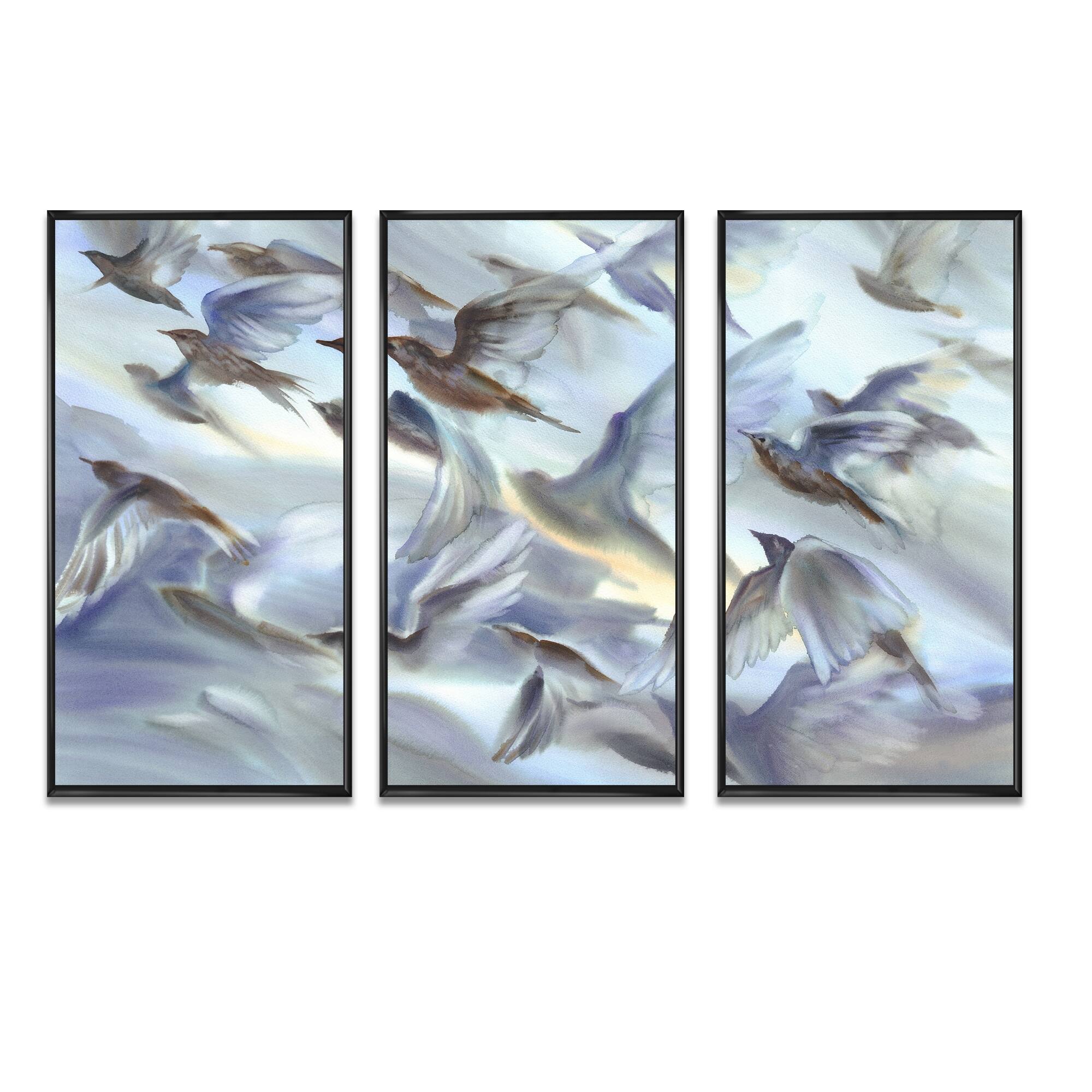 Designart "Silhouttes Flock Of Birds Flying On Pastel Background II