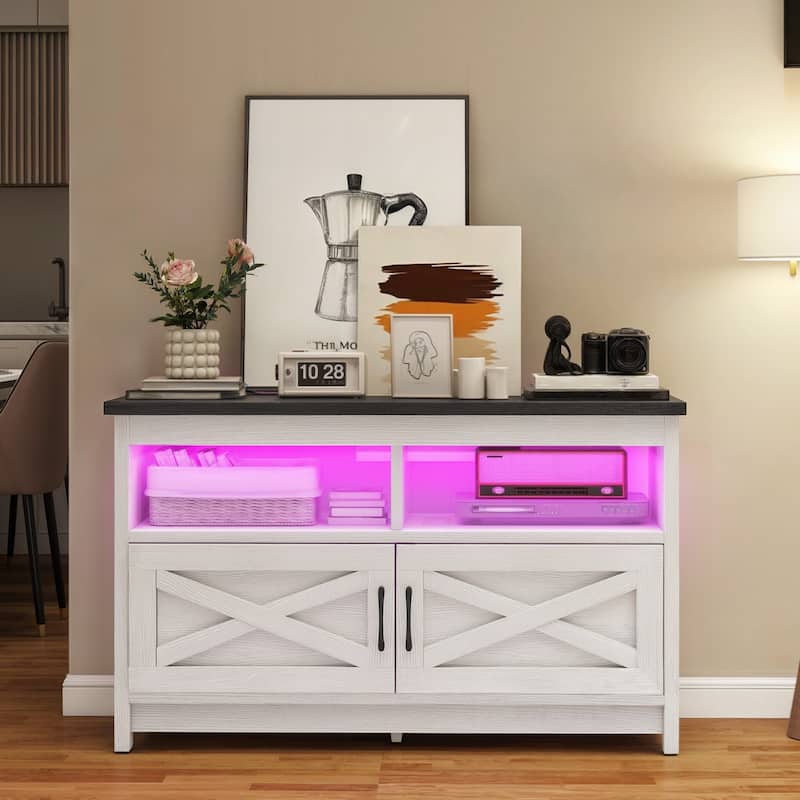 Farmhouse TV Stand for up to 65" TV with Doors and Open Shelves Media Console Power Outlet