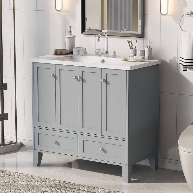 36'' Bathroom Vanity with Sink Set, Solid Wood Frame Bathroom Storage Cabinet, Freestanding Vanity Set - Grey - With Sink