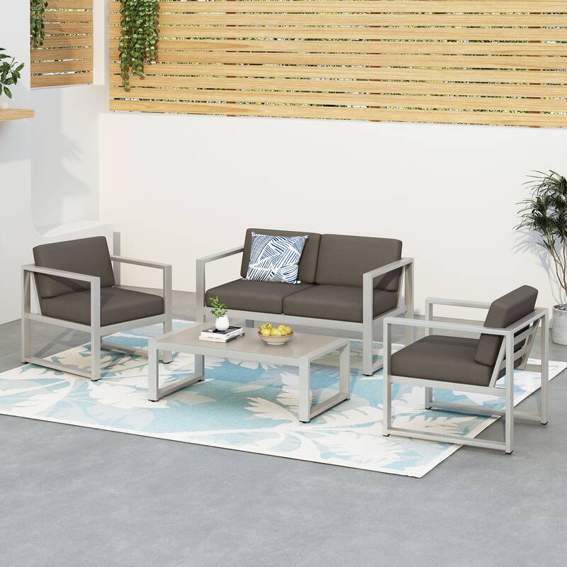4 Piece Outdoor Sectional Sofa Set, Patio Aluminium Conversation Furniture Sets with Coffee Table and Cushions