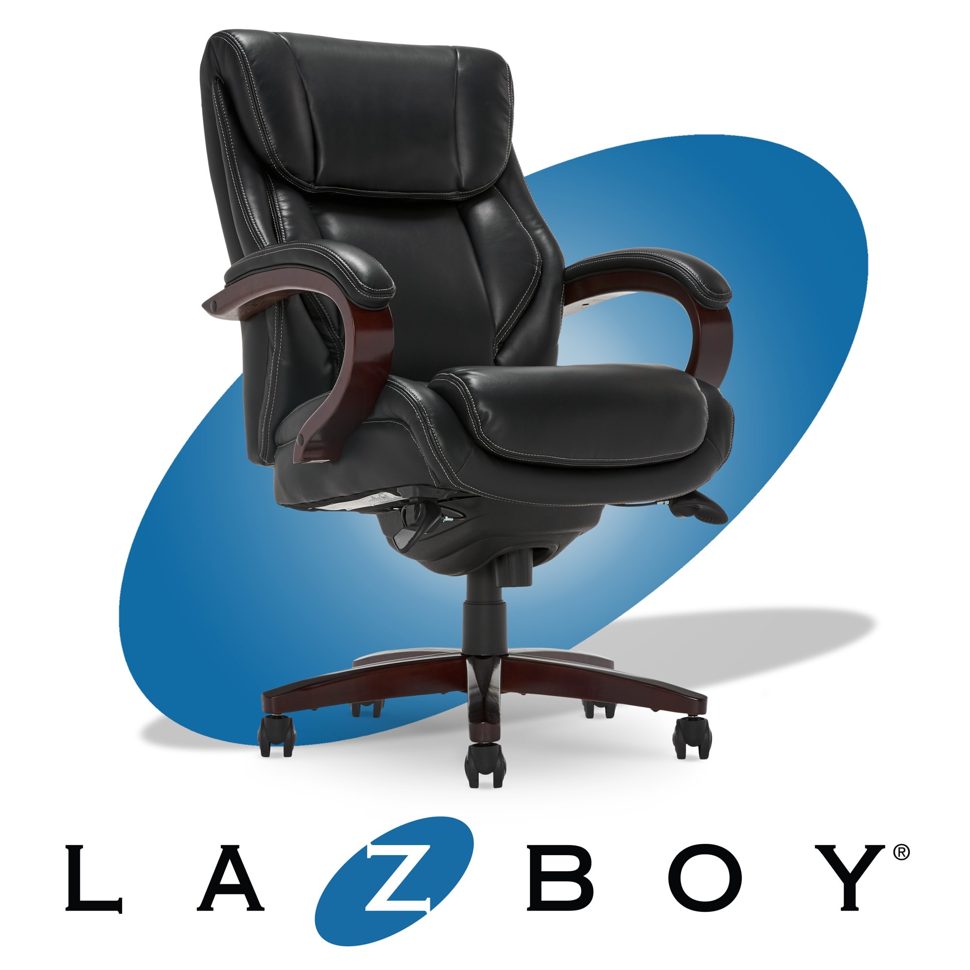 La Z Boy Bellamy Executive Leather Office Chair with Memory Foam Cushions Solid Wood Arms and Base Waterfall Seat Edge