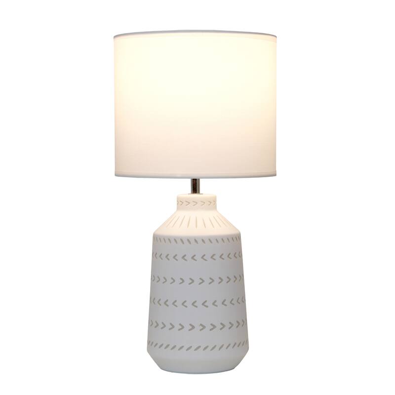 Tribal Hand Painted Ceramic Table Lamp with White Drum Shade - 17" - Cream