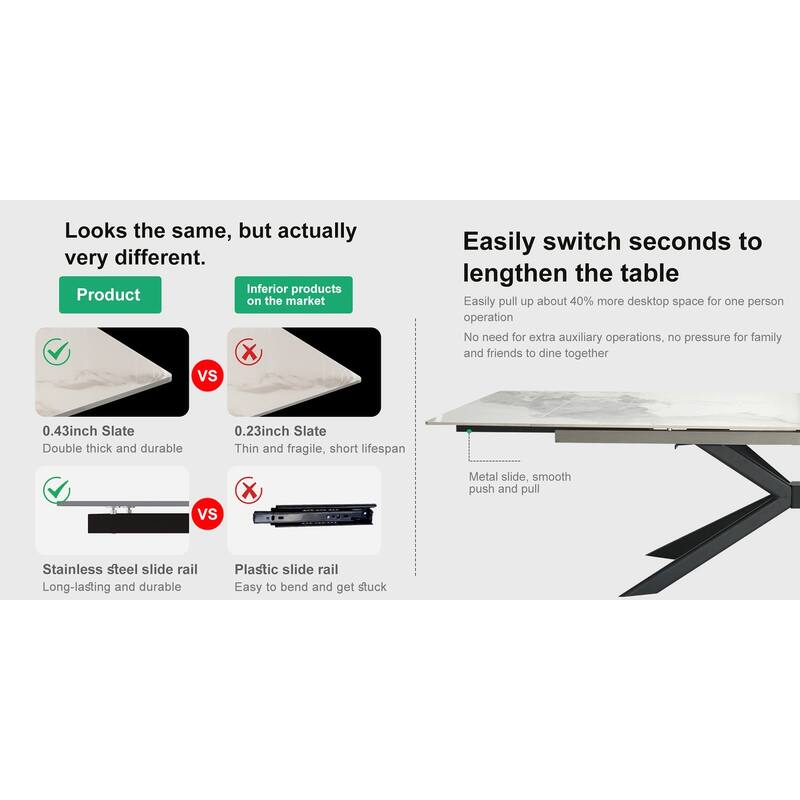 110.24'' Extendable Rectangular Sintered Stone Dining Table For 6-10 People