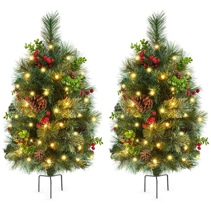 Yaheetech Set of 2 2ft/3ft Pre-lit Outdoor Pathway Christmas Trees with Stakes for Driveway, Yard