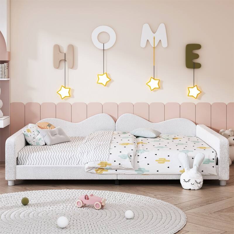 Upholstered Daybed with Cloud-Shaped Backrest, Twin/Full Size Sherpa Fabric Daybed Frame Sofa Bed with Support Legs for Kids