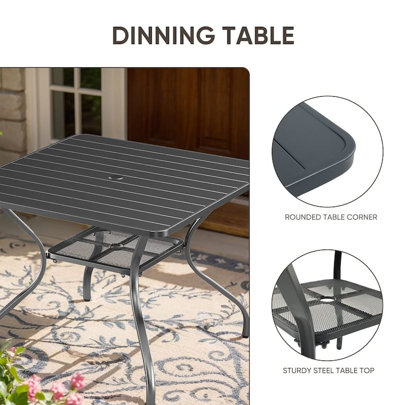 Komodo 37-Inch Outdoor Metal Square Dining Table, Powder-Coated with Umbrella Hole