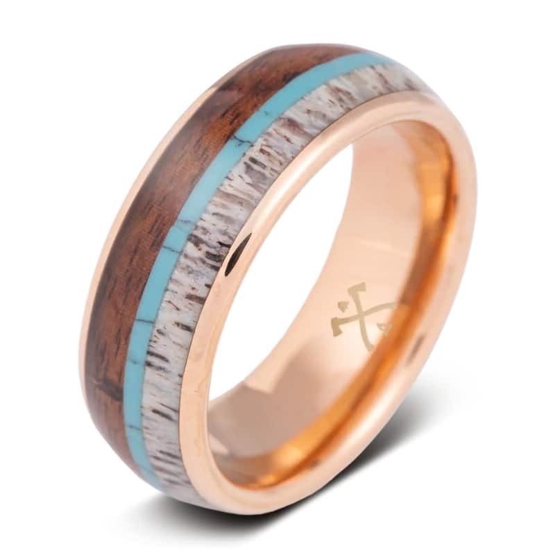 Manly Bands THE JOURNEYMAN Tungsten Rose Gold Plated with Inlay 8mm Polished Band