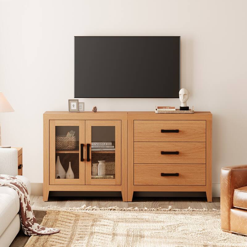 WAMPAT Farmhouse Buffet Cabinet, 2-Piece Sideboard with Glass Door & Storage Drawers for Kitchen