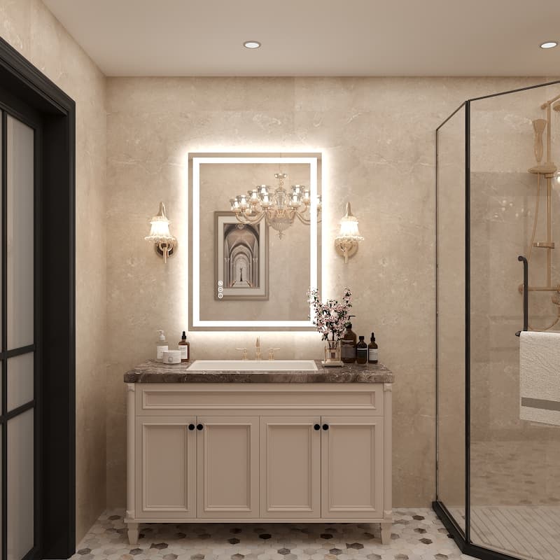 Frameless LED Front Light and Backlit 3 Colors Dimmable Anti-Fog Wall Bathroom Vanity Mirror