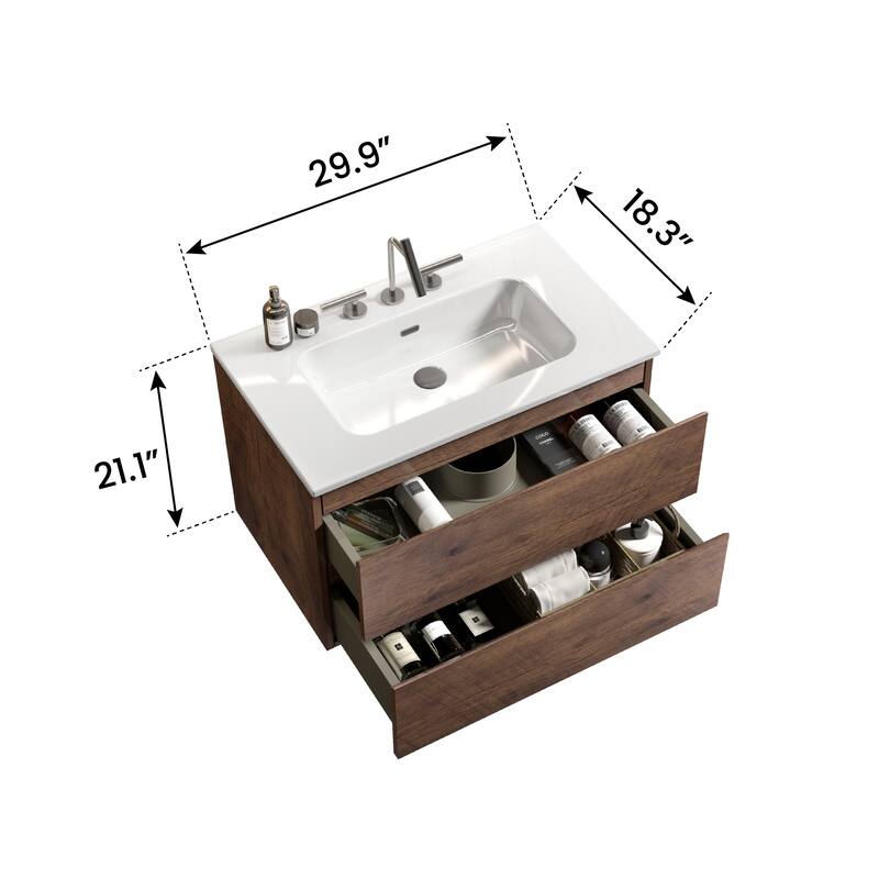 Modern Walnut Bathroom Vanity with Silent DTC Soft-Closing Drawers, Eco-friendly E1 Boards, Handle-Free Design, 30-inch