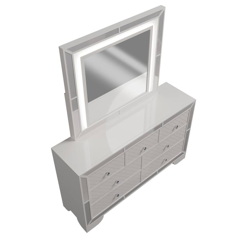 Transitonal Style 4pc Bed Set Diamond Knob Handles LED Lights Cream Finish Bedroom Furniture