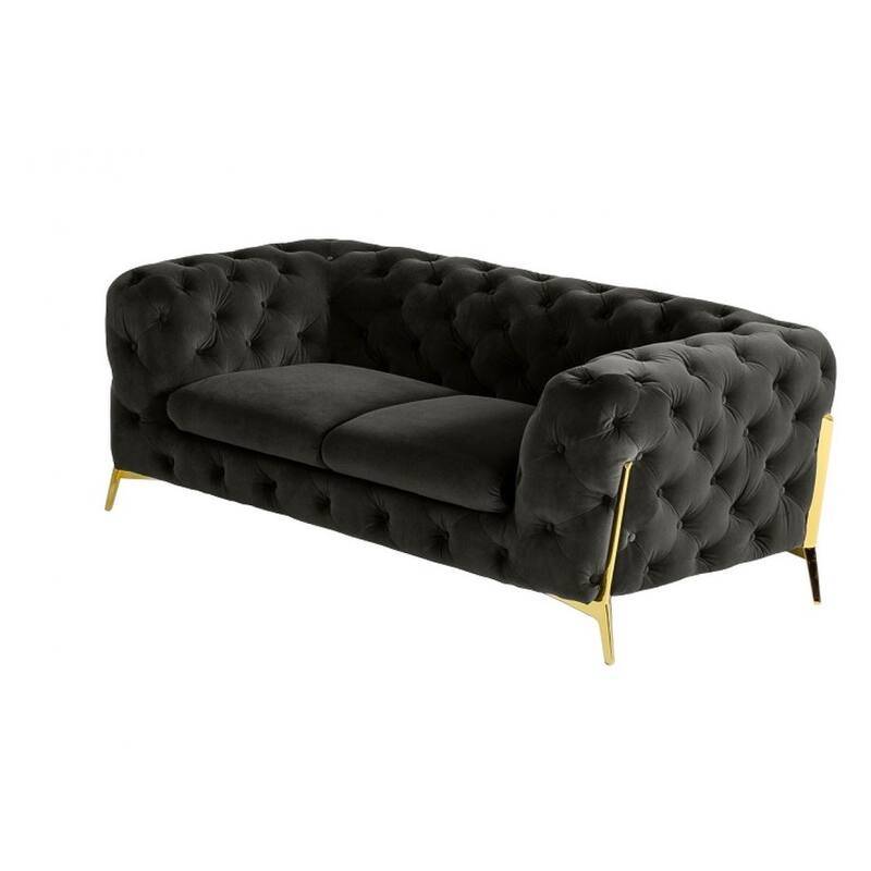 HomeRoots 74" Dark Gray And Gold Velour Chesterfield Loveseat