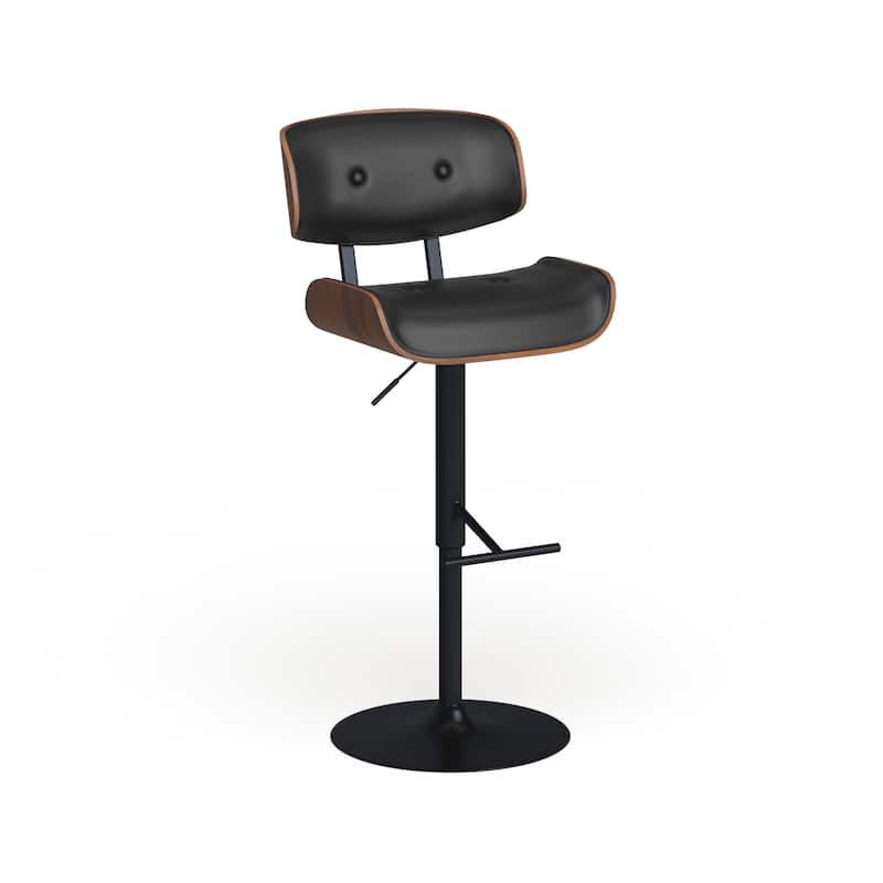 Carson Carrington Leksand Mid-Century Modern Adjustable Bar Stool with Walnut Wood Accents - Black Faux Leather