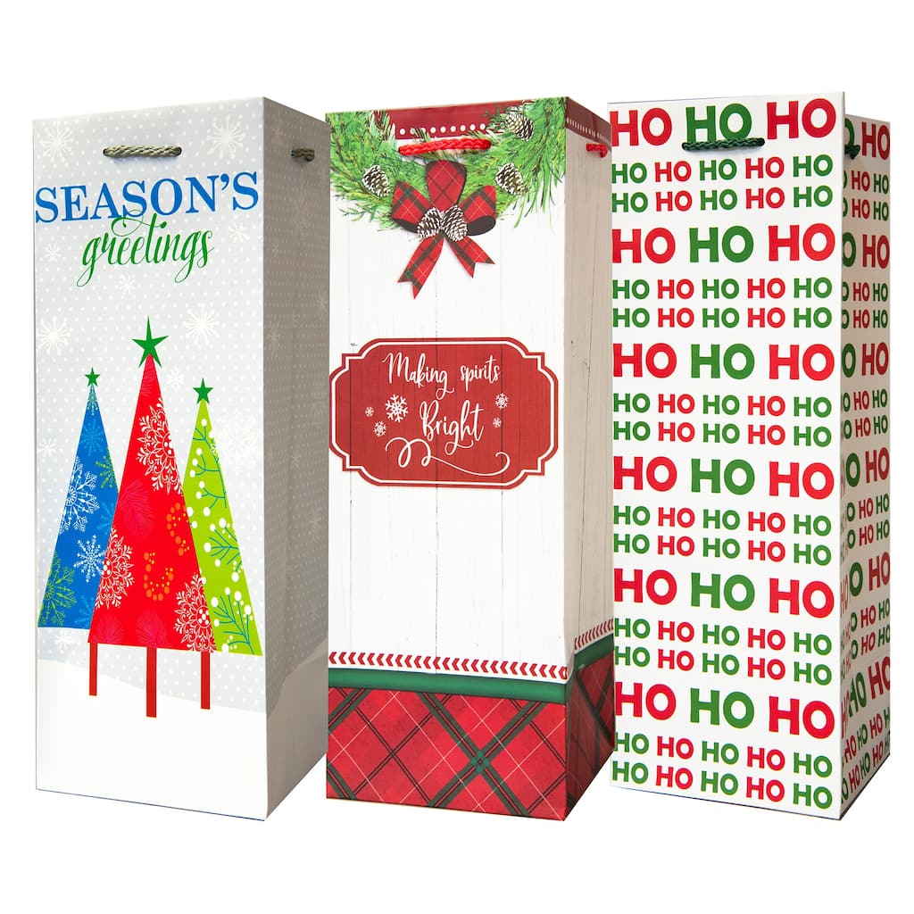 Pack of 6 Assorted Christmas Wine Gift Bags with Handle - 14"