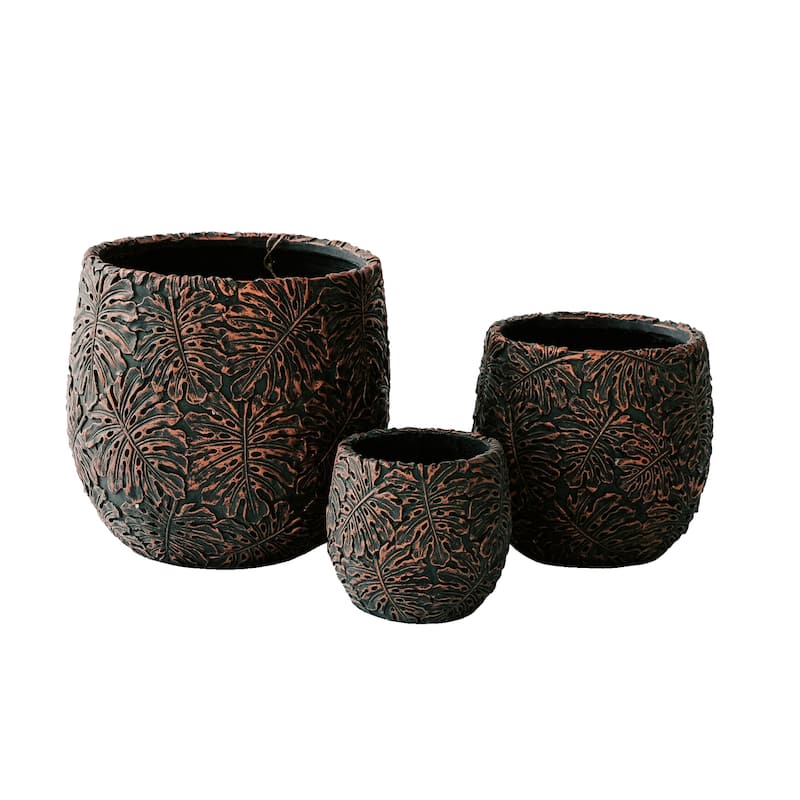 XBrand 17.7", 12.6" and 9"W Round Fiberstone/Cement Indoor Outdoor Planters (Set of 3) - Brown and Bronze