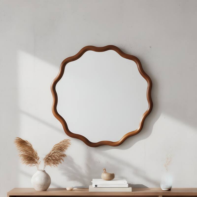 24 inch Wavy Round Solid Wood Frame Decorative Mirror,For Bedroom, Bathroom, Living Room, Entryway