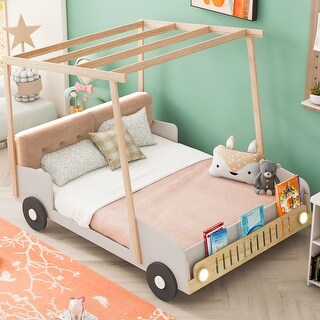 Wooden Full Size Car Bed with Pillow, Ceiling Cloth, LED Lights & Storage Rack, Natural