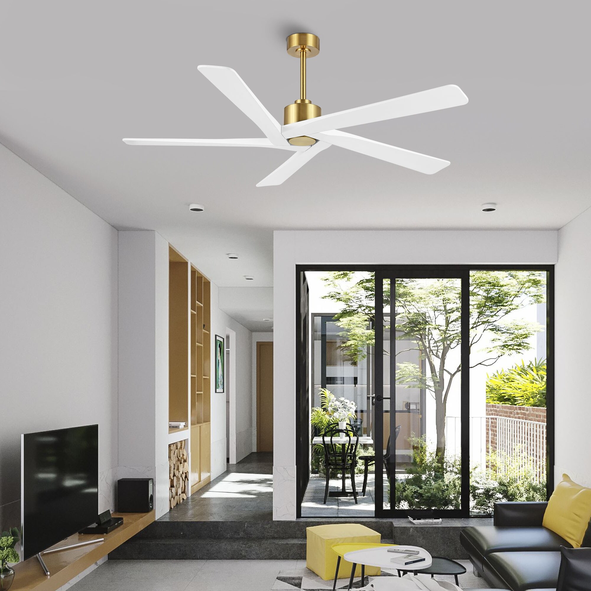 WINGBO 72 Inch Ceiling Fan Without Light, Modern Gold Housing, Reversible Walnut/Black Blades, Remote Control 6-Speed, DC Motor, 9,994 CFM