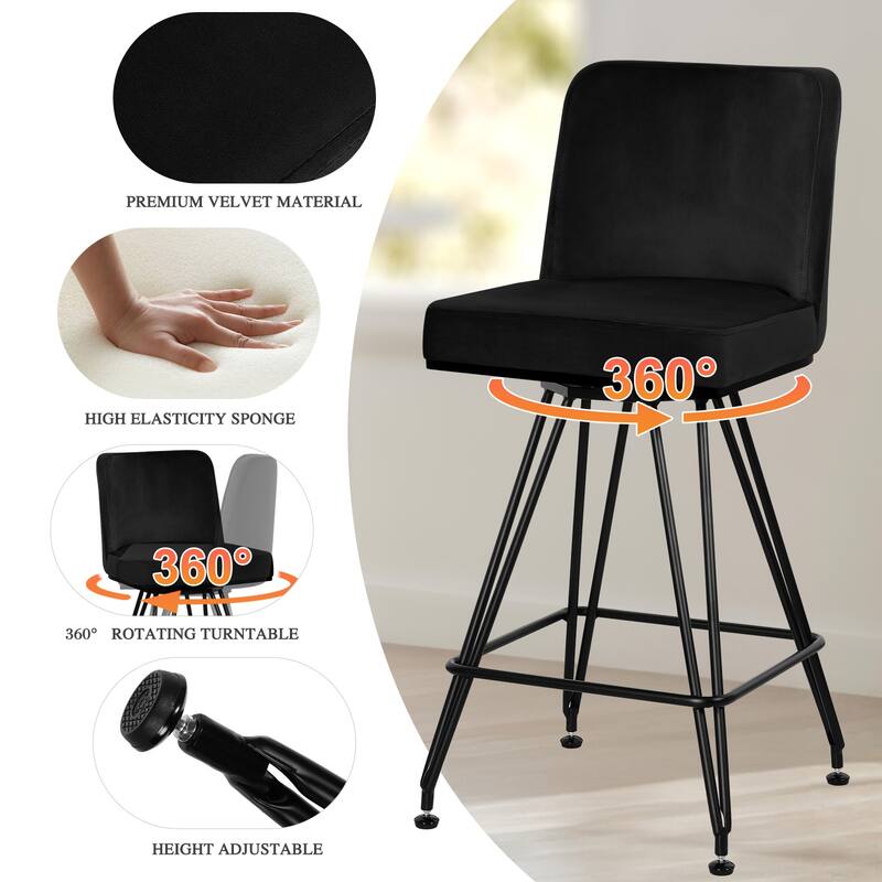 26" Leather/Velvet Swivel Counter Height Bar Stools - 38.2"H x 17.7"W x 19.1"D
