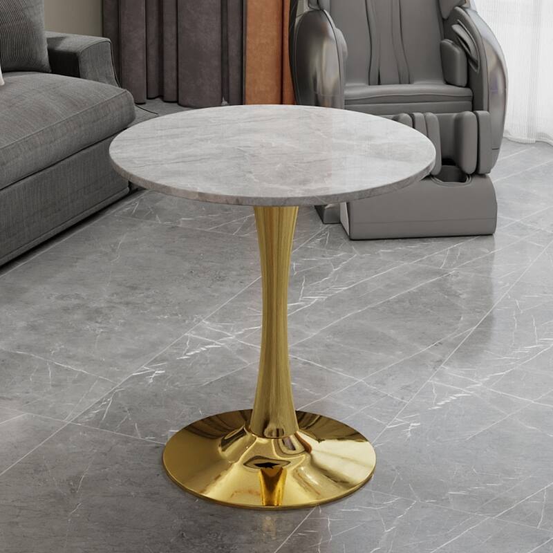 27.6" Mid-Century Modern Style Dining Table, Accommodates 2-4 People, Featuring A Round Light Gray Textured Marble Tabletop - Golden+Gray