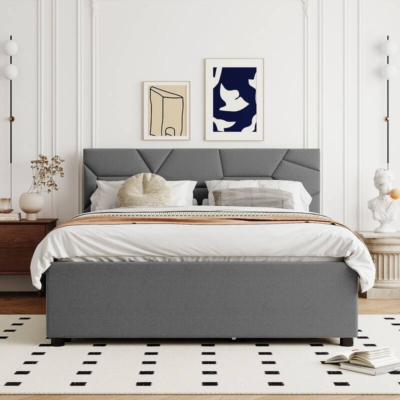 Grey Linen Queen Platform Bed with Trundle and Drawers