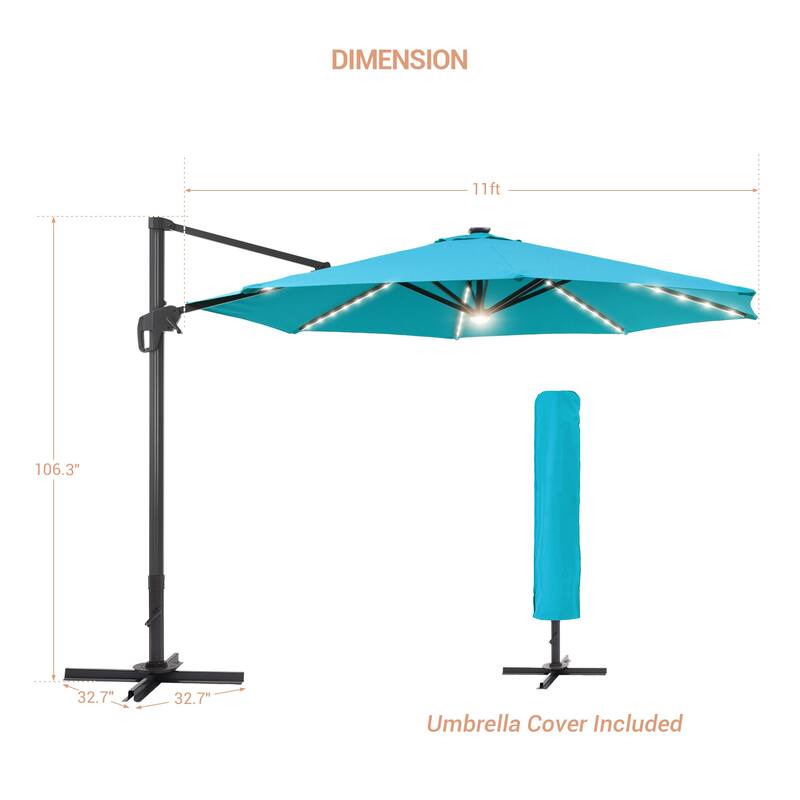 BONOSUKI 11FT LED Cantilever Patio Umbrella Angle Adjustment w/Cross Base