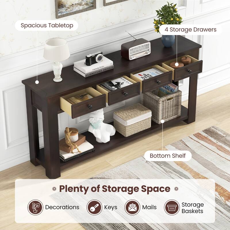 Gymax 63'' Farmhouse Entryway Table with 4 Storage Drawers and Open