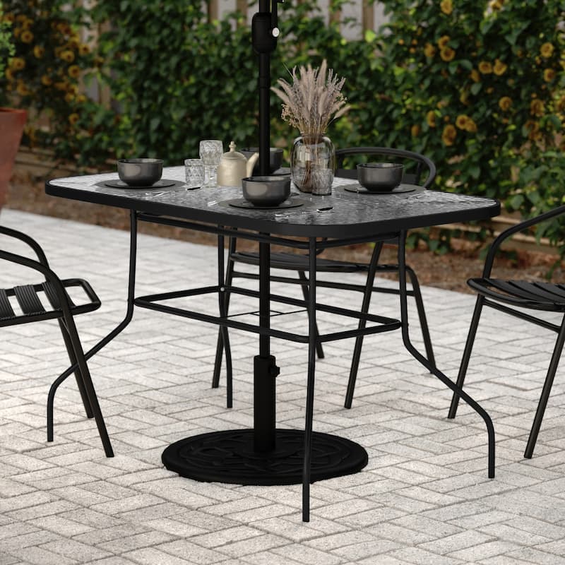 Commercial Tempered Glass and Steel Patio Table with Umbrella Hole - N/A - Clear Top/Black Frame