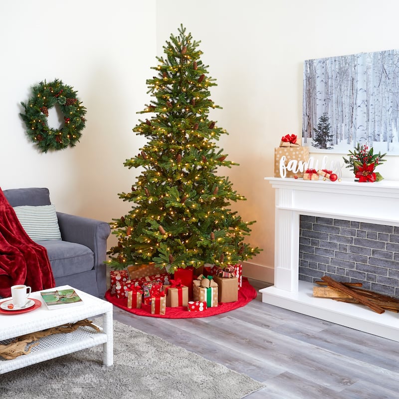 7.5ft. Fir Artificial Christmas Tree with 600 Clear Lights, Pine Cones & 1740 Branches - Lush Holiday X-Mas Centerpiece