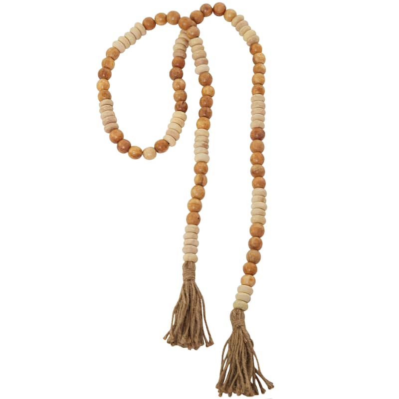 Brown Mango Wood Handmade Round Long Carved Beaded Garland with Tassel