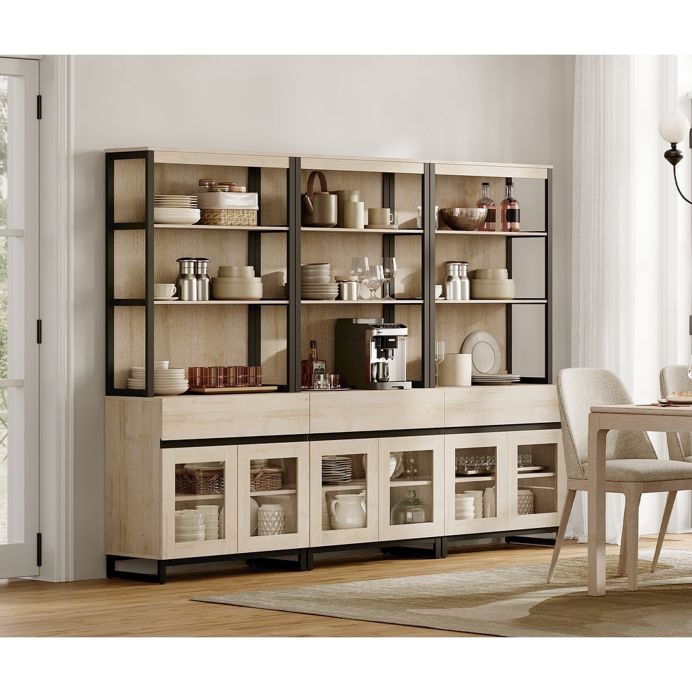 3 PCS Modern 72" Tall Buffet Cabinet with 3 Drawers and Open Shelves, Storage Cabinet for Dining Room or Kitchen