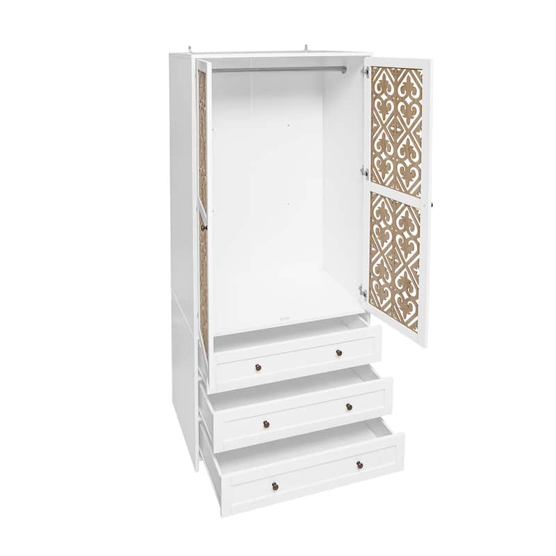 3 Drawer Wardrobe Armoire White Closet / Hollow Pattern Doors bedrooms Clothes Storage Cabinet