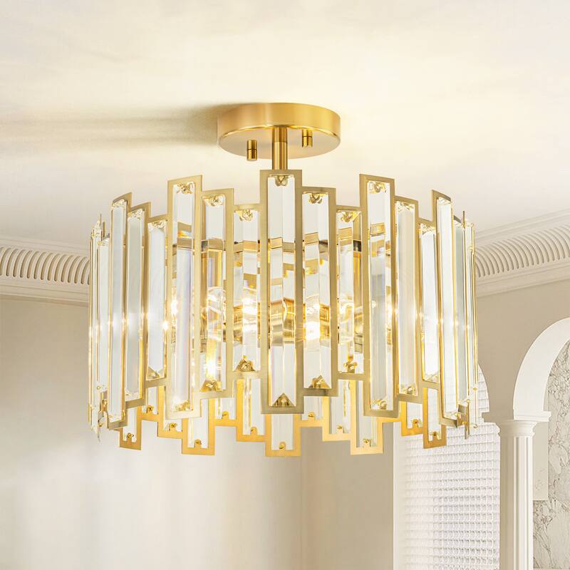 5-Light Modern Glam Cylinder Drum Crystal Semi-Flush Mount Ceiling Light