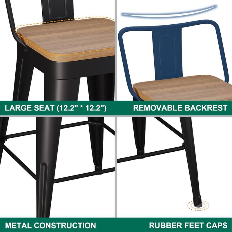 Counter & Bar Stools with Metal Frame Kitchen Stools with Low Back Kitchen Bar Furniture Stools with Square Wooden Seat