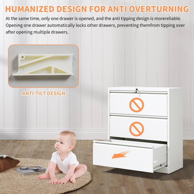 Lateral File Cabinet 3 Drawer, Filing Cabinet with Lock, Lockable File Cabinet for Home Office
