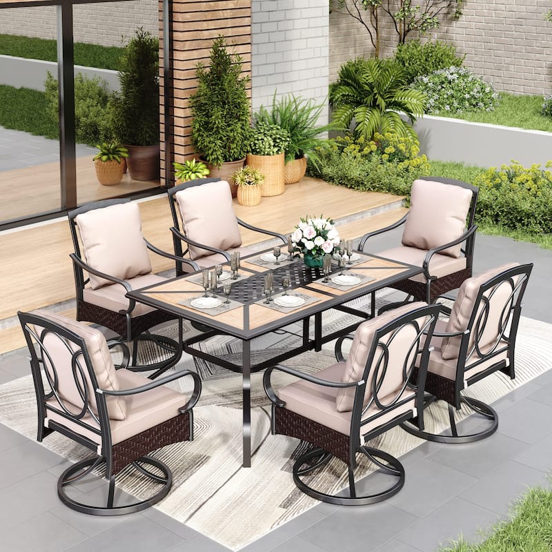 7/8-Piece Patio Dining Set of 6 Swivel Metal Rattan Chairs with Deep-seating Chairs and Wood-like Table & Outdoor Umbrella - N/A - Black
