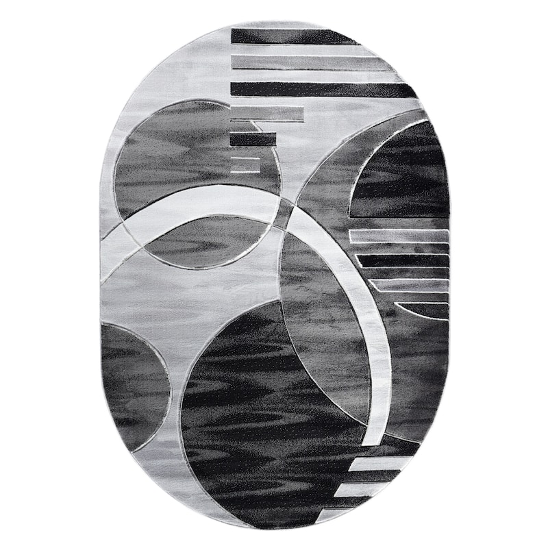 Orelsi Grey/Black Polyester Area Rug - 5'2" x 7'5" Oval