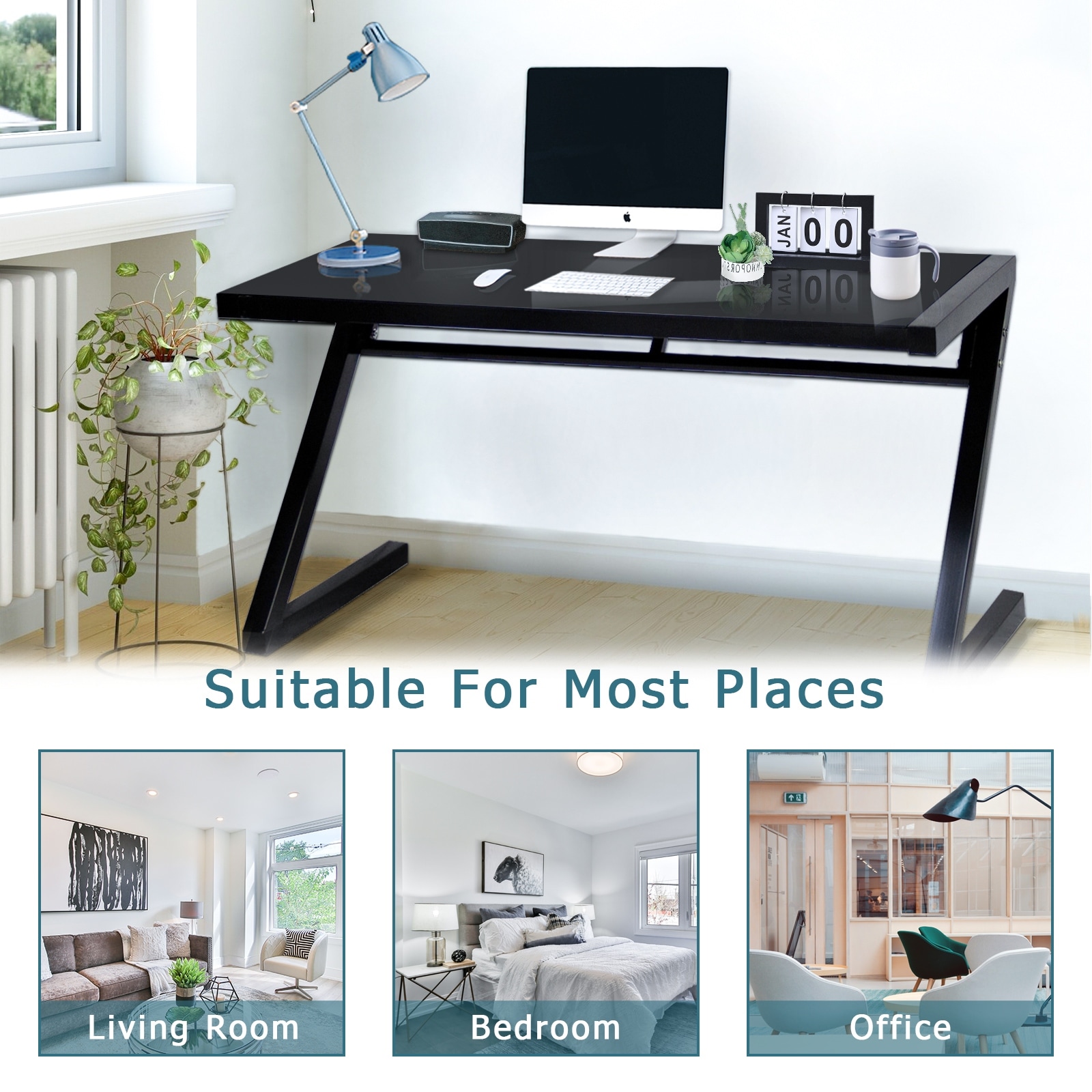 Professional Z-Leg Tempered Glass Gaming and Study Desk with Built-In USB Cable