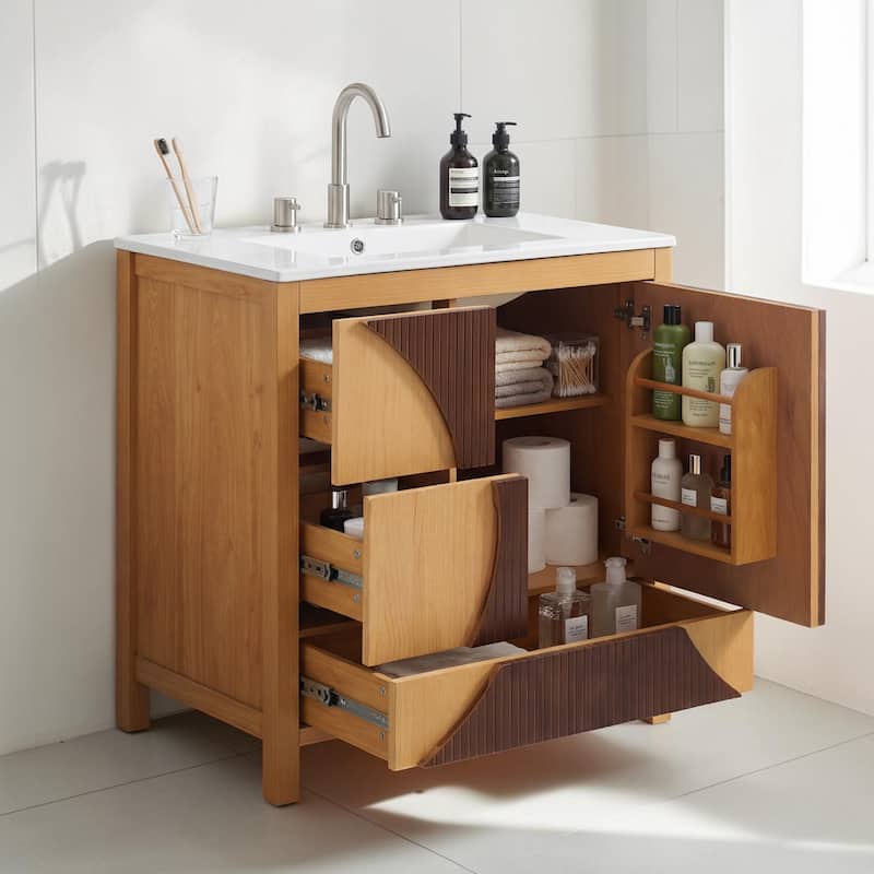 30 Inch Mid Century Modern Bathroom Vanity with Sink, Freestanding Wood Cabinet with Drawers and Door