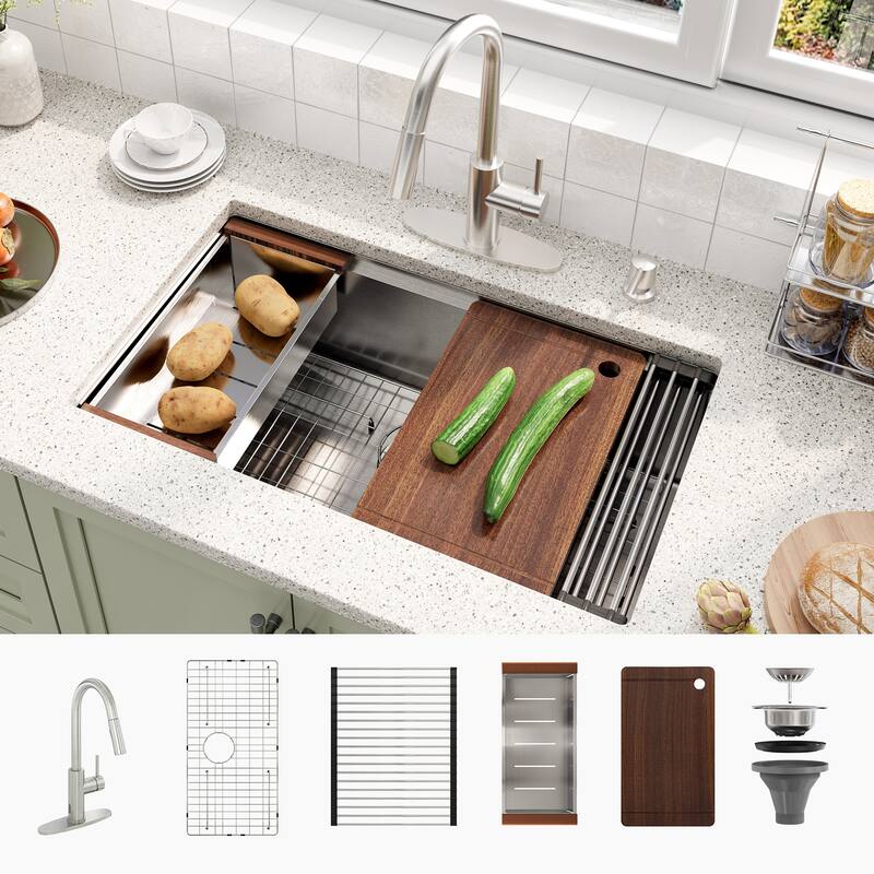 Nano Brushed Stainless Steel Undermount Workstation Kitchen Sink with Touchless Pull-Down Kitchen Faucet and Accessories