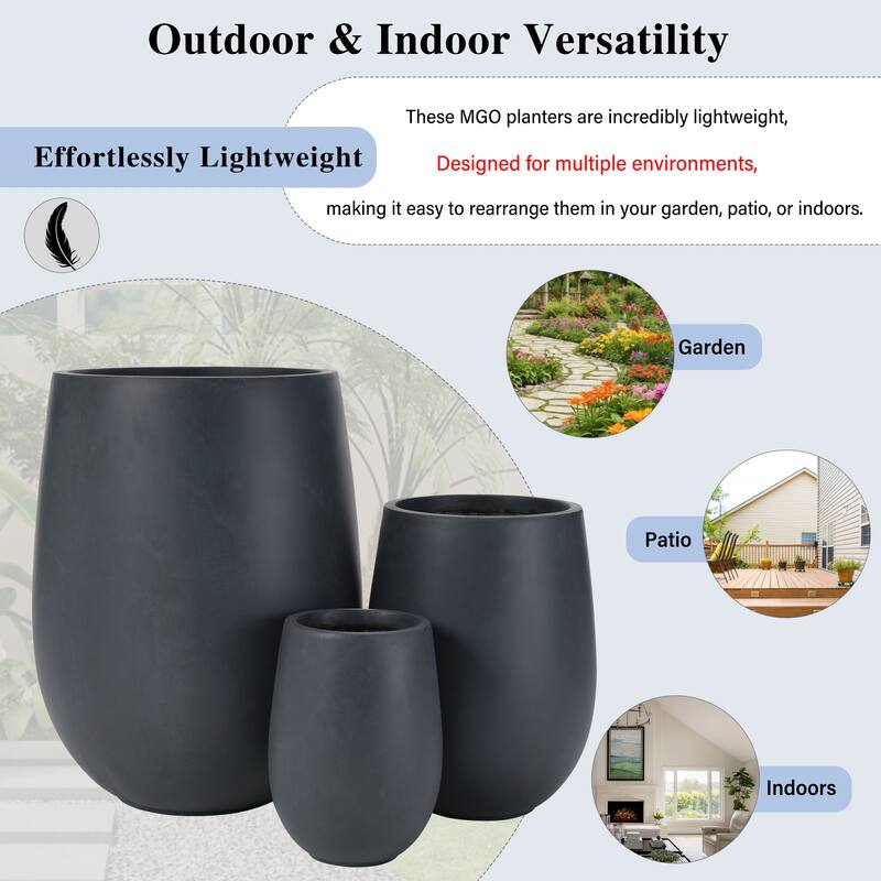 Lightweight Round MGO Outdoor Planter Set-3 Sizes (15.6"/10.74"/7.3"),Large Outdoor Indoor Flower Pots with Drainage Hole