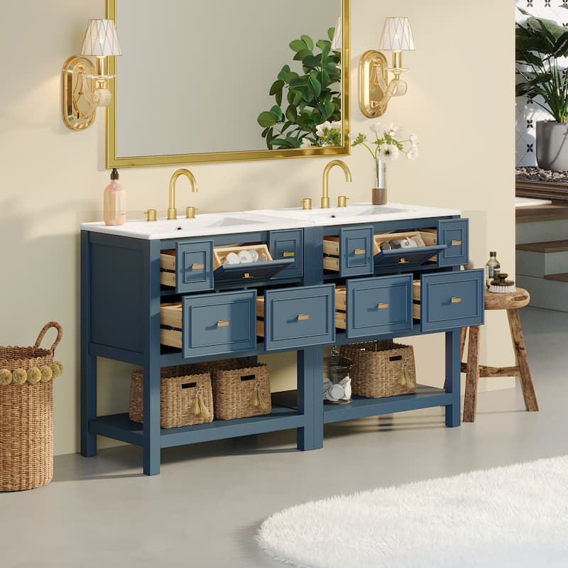 60'' Bathroom Vanity With Ceramic Sink Combo, Free Standing Single Vanity Set With 5 Drawers,Solid Wood FrameStorage Cabinet