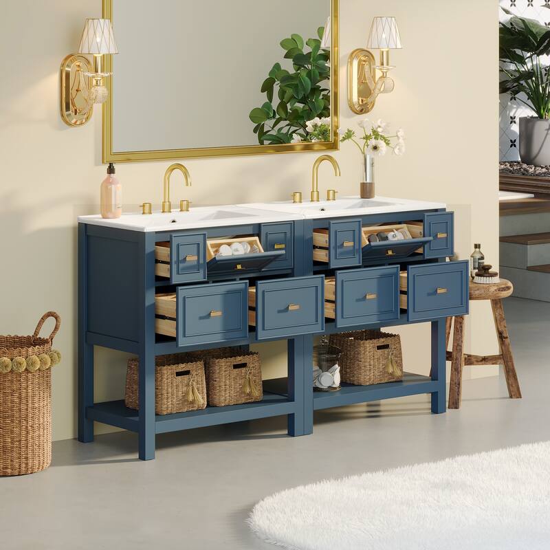 Roomfitters 60" Freestanding Bathroom Vanity with Ceramic Sink, Solid Wood Cabinet with Drawers & Open Storage Shelf