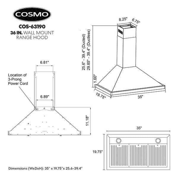 dimension image slide 1 of 2, Cosmo 36 in. Ducted Wall Mount Range Hood with 380 CFM, 3 Fan Speeds